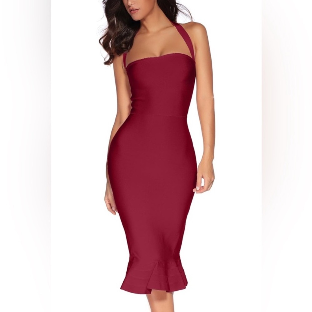 Houstil Halter Fishtail Mermaid Midi Bandage Bodycon Burgundy Women’s Dress